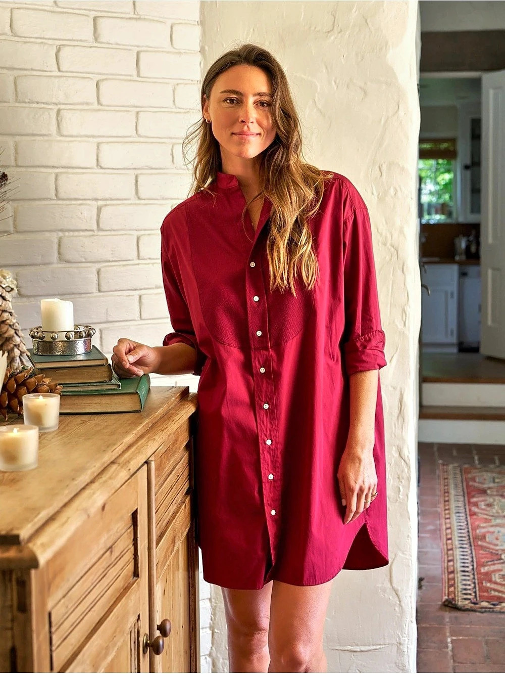 Frank & Eileen Tori Cotton Tuxedo Button-front Dress Burgundy M NWT